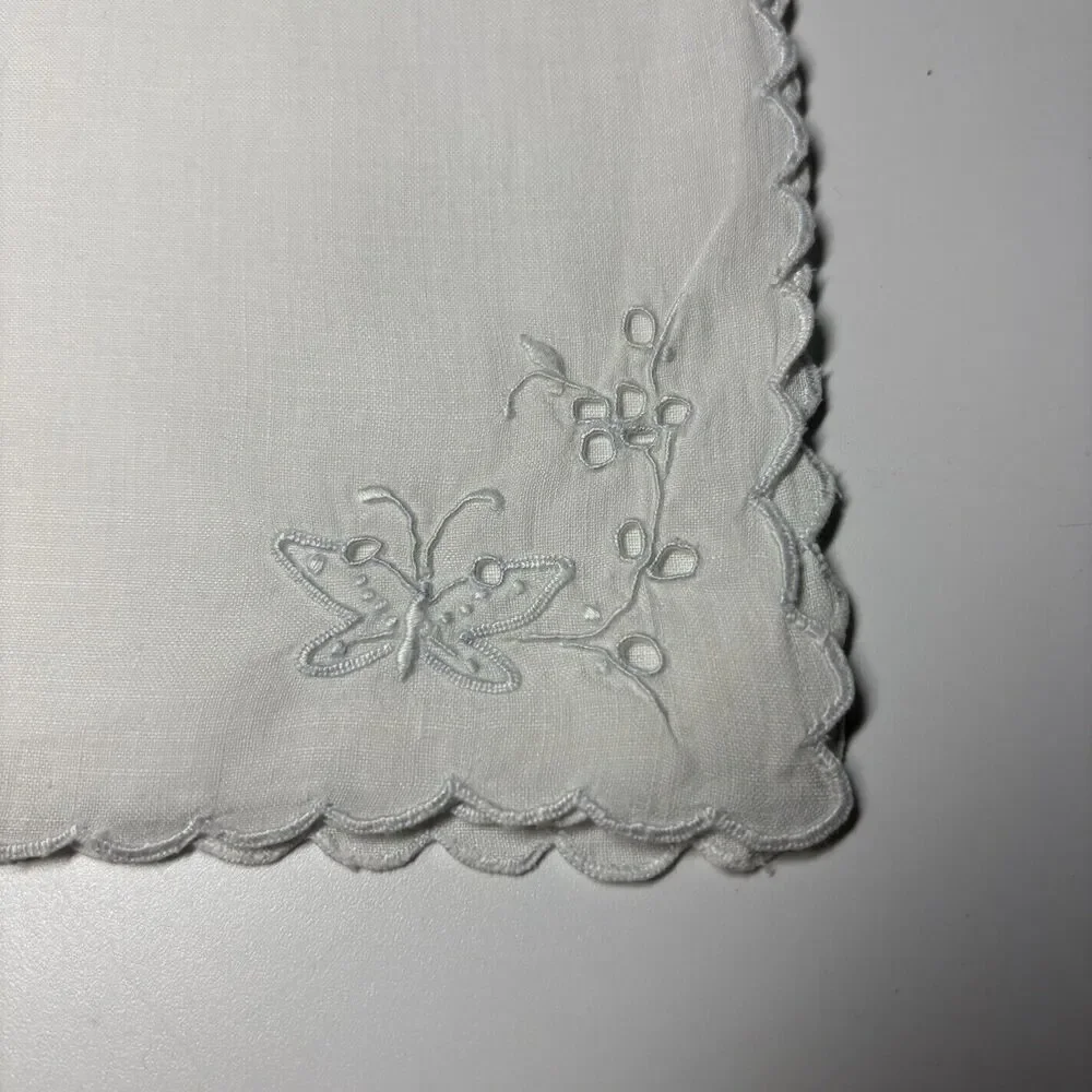 5 Vintage Tea Napkins White Hand Embroidered Butterfly Original Box Scalloped
